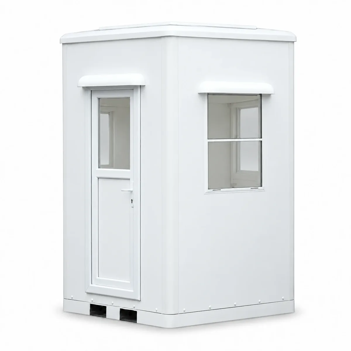 White 5 x 5 ft fiberglass guard booth with glazed door and window