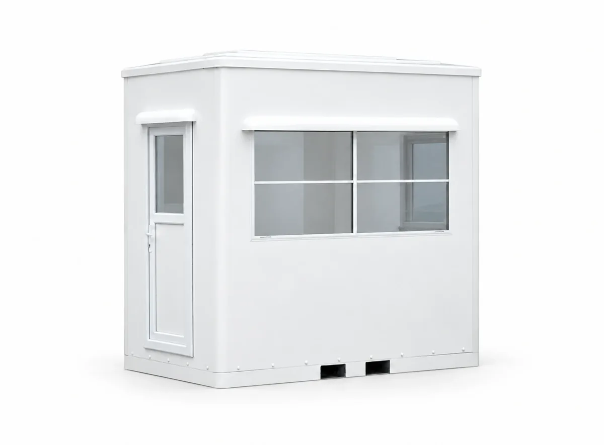 White 7 x 5 ft fiberglass guard booth with glazed door and wide sliding window