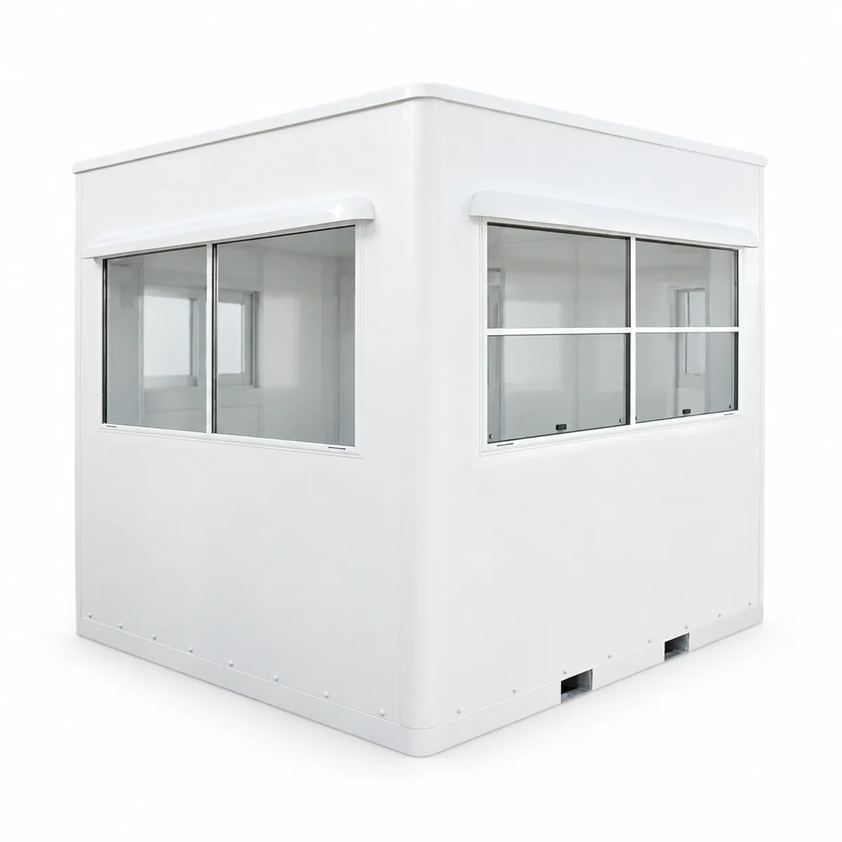 White 8 x 7 ft fiberglass guard shack with windows on two sides and forklift slots