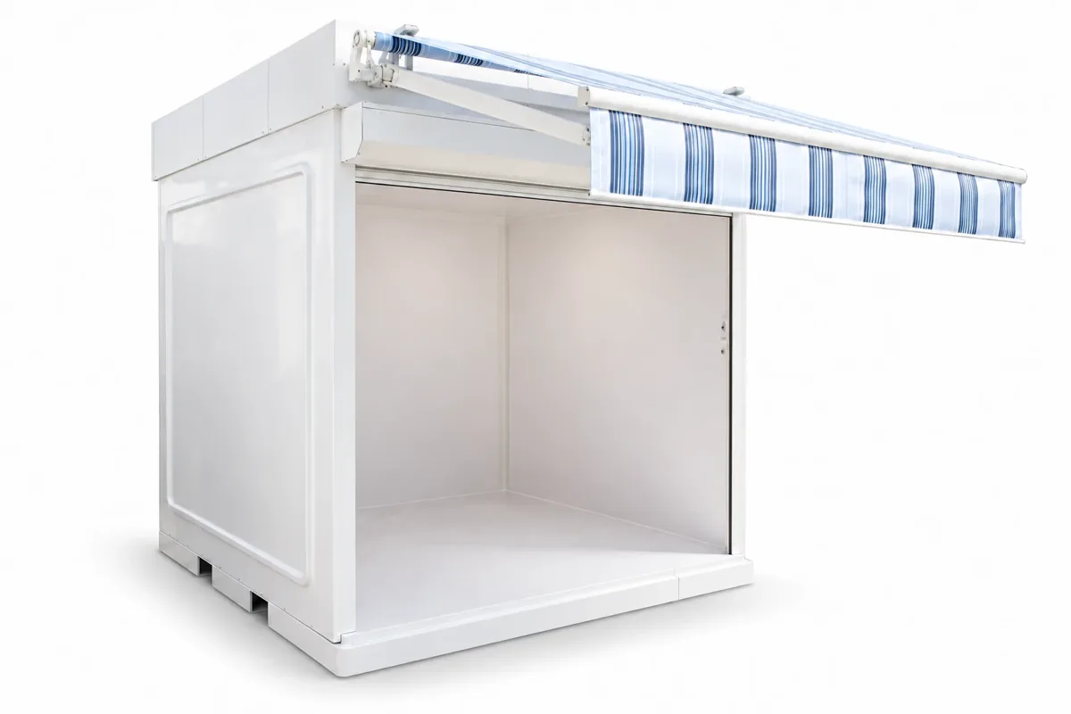 White 8 x 7 ft fiberglass kiosk booth with open service front and striped awning