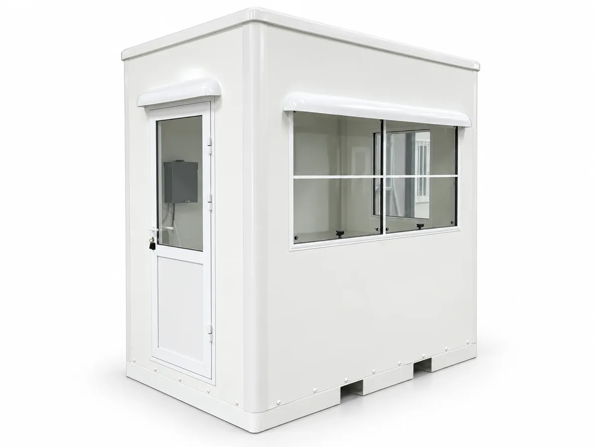 White 8 x 5 ft fiberglass valet and gate booth with glazed door and sliding window